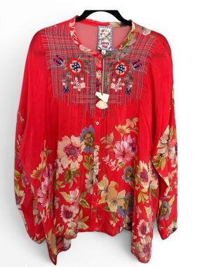 Johnny Was Lulu Embroidered Floral Blouse NWT XL Red Cupra Rayon Boho